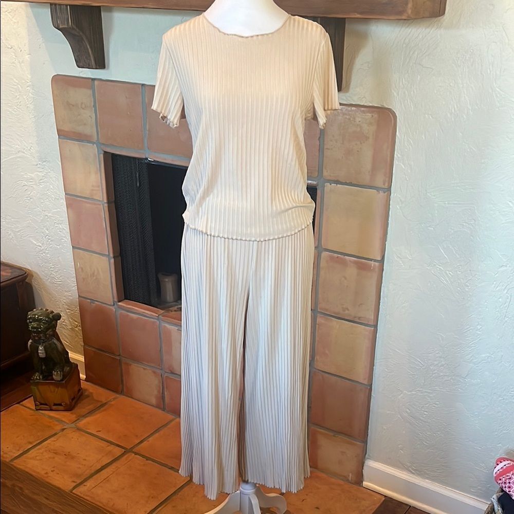 ALFANI INTIMATES RIBBED CROPPED PAJAMA PANTS SET, Cream, size M